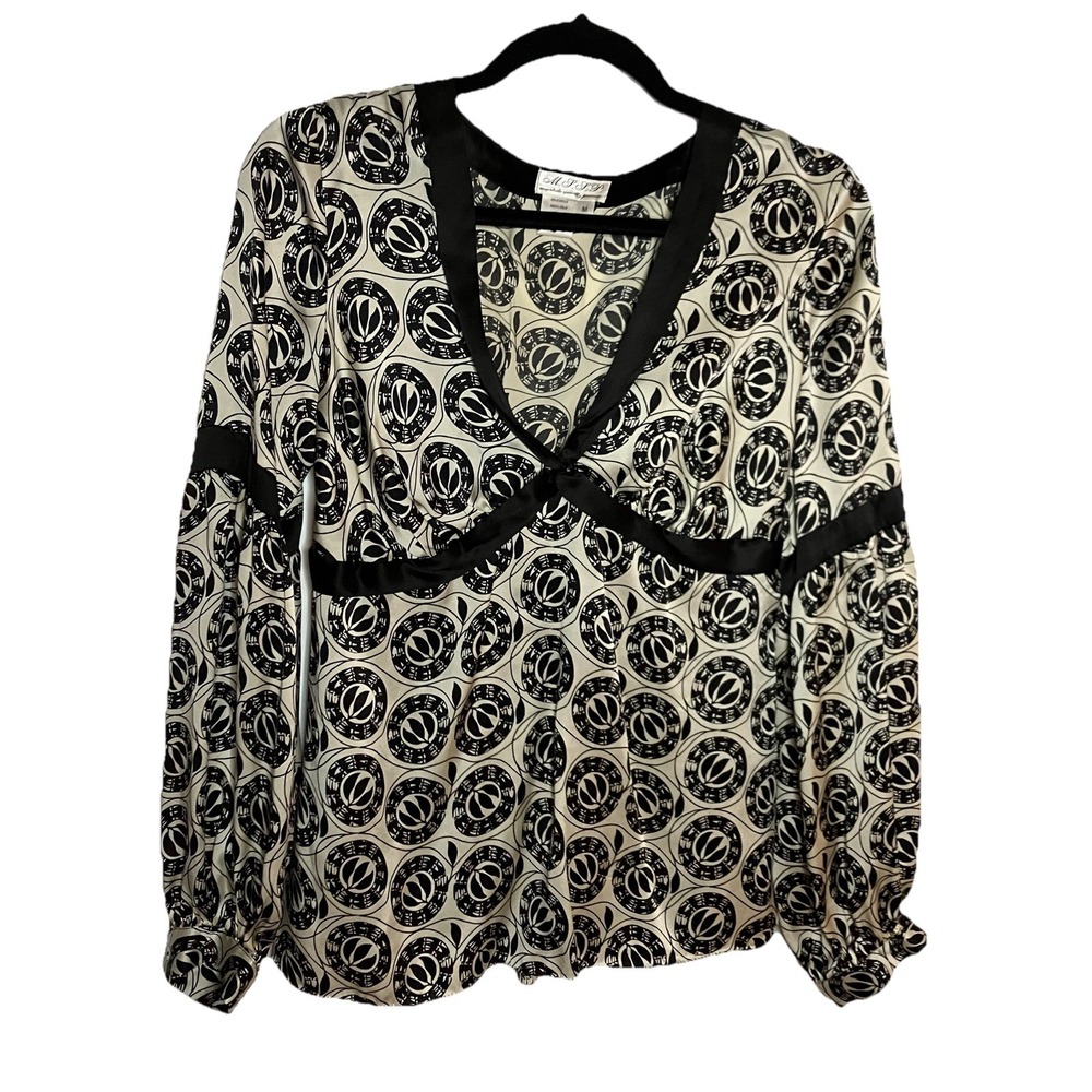 Y2K Max Studio Silk Blouse Womens M Black White Geometric Whimsigoth Fairy